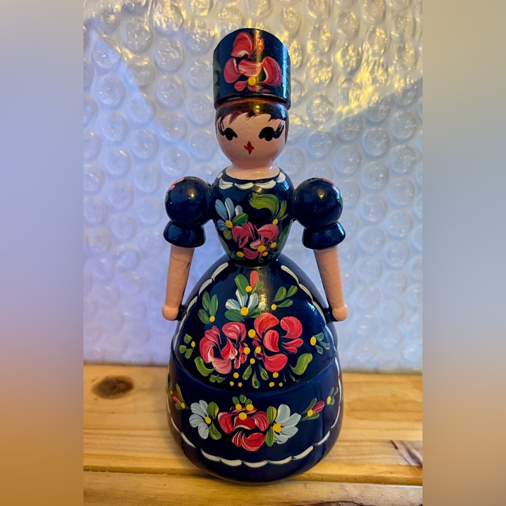 Vintage Hungarian Folk Art Wooden Trinket Doll Blue 5" Tall